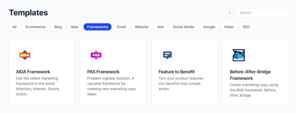 sales frameworks to copy and paste, sales templates, jarvis screenshot from conversion.ai