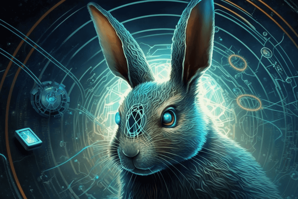 futuristic AI rabbit with crazy cool sci-fi background, made in Midjourney