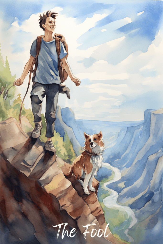 the fool tarot card interpretation: watercolor image of a man on a cliff with a dog