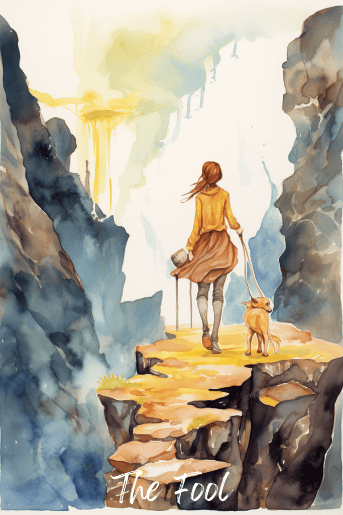 the fool tarot card interpretation: watercolor image of a woman on a cliff with a dog
