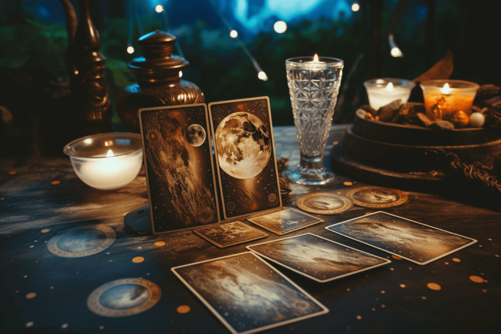 full moon tarot cards on a table ready to be cleansed and charged