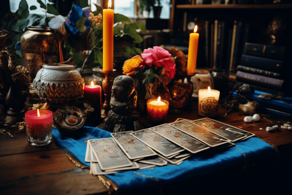 tarot cards and candles on a table with a blue tarot card cloth