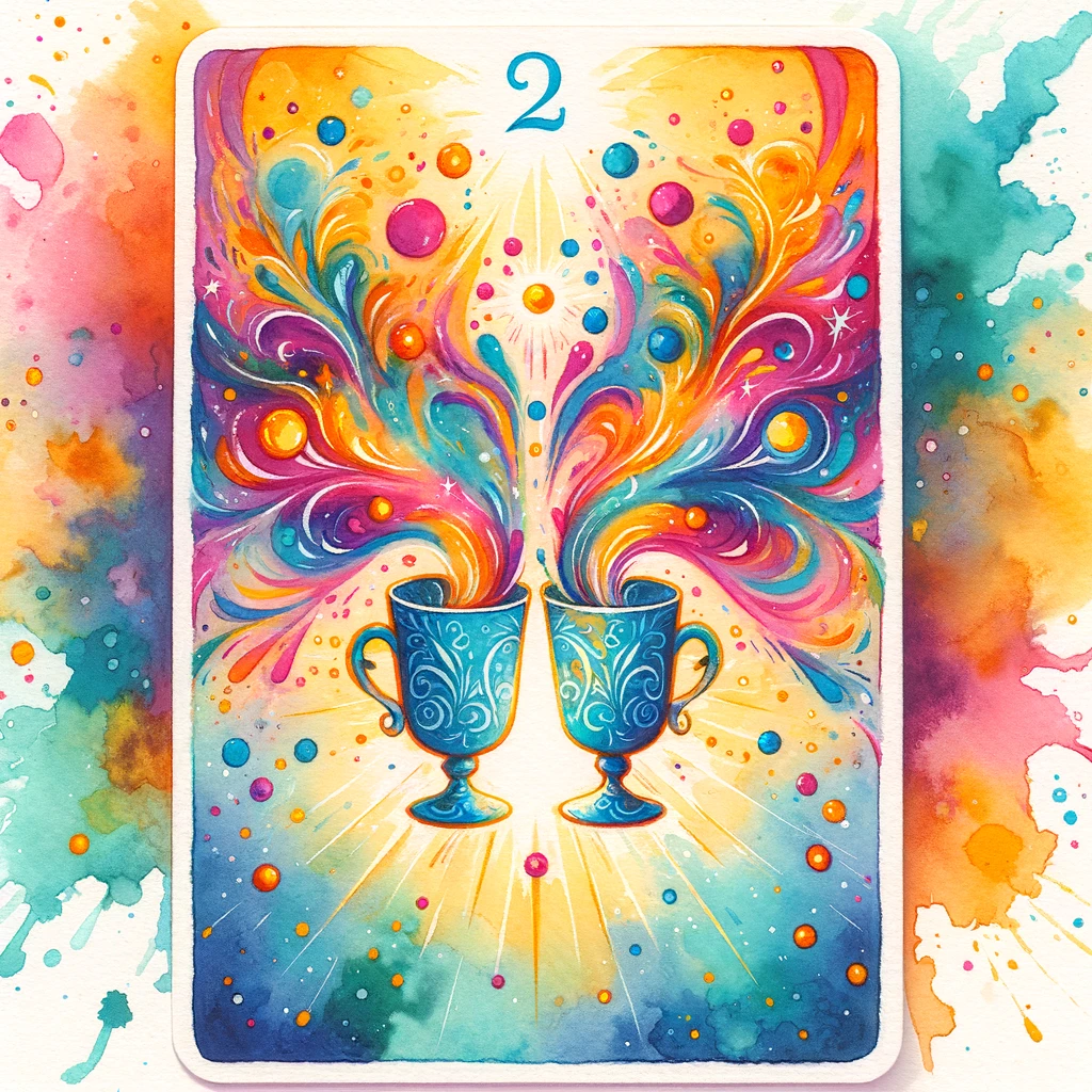 vibrant watercolor 2 of cups tarot card, with two cups bursting with colors