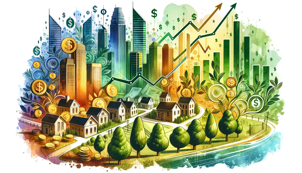 watercolor image of financial growth for business. Shown are corporate buildings, behind a blooming city with money signs and coins throughout.
