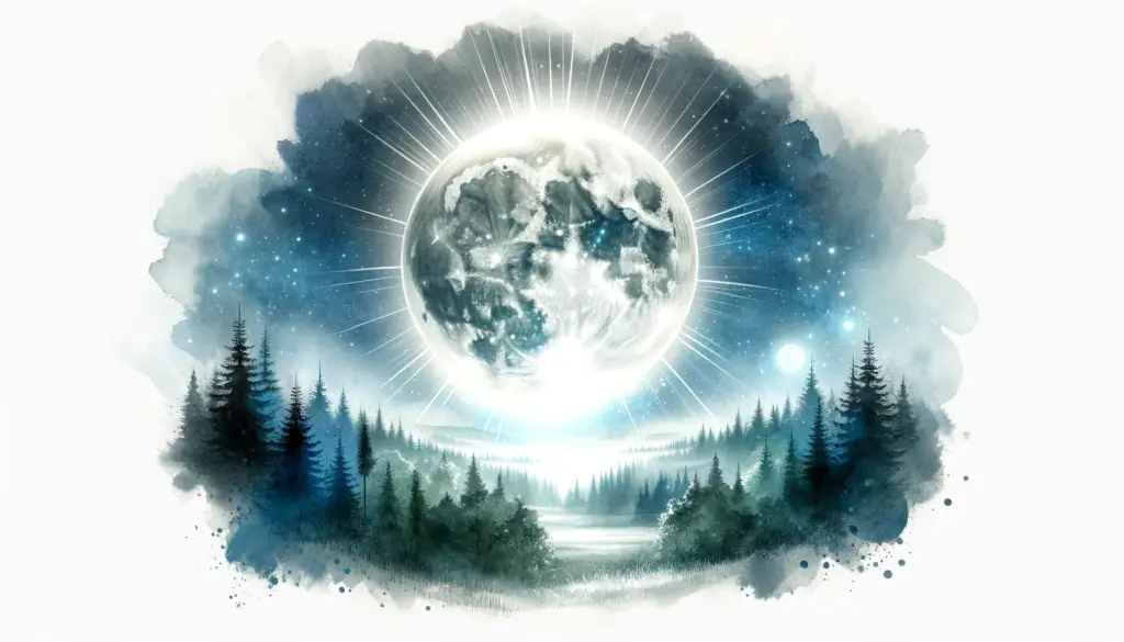 watercolor portrayal of the full wolf moon shining above a forest
