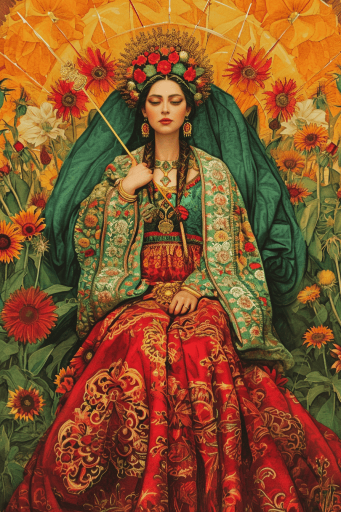 Beautiful Empress tarot card, woman is wearing a red and gold and green dress, surrounded by flowers, wearing a crown