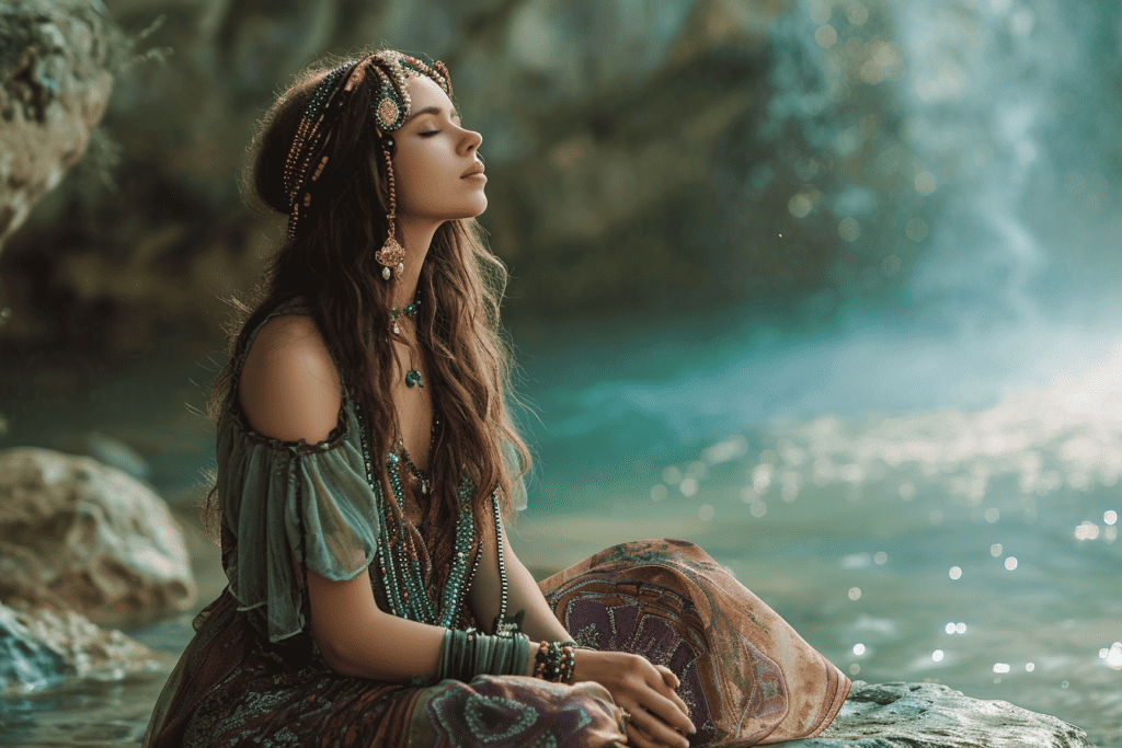 beautiful woman sitting by a river, relaxed and listening to her own intuition