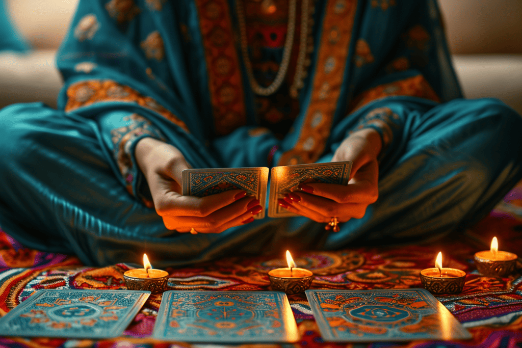 woman holding two tarot cards, surrounded by candles
