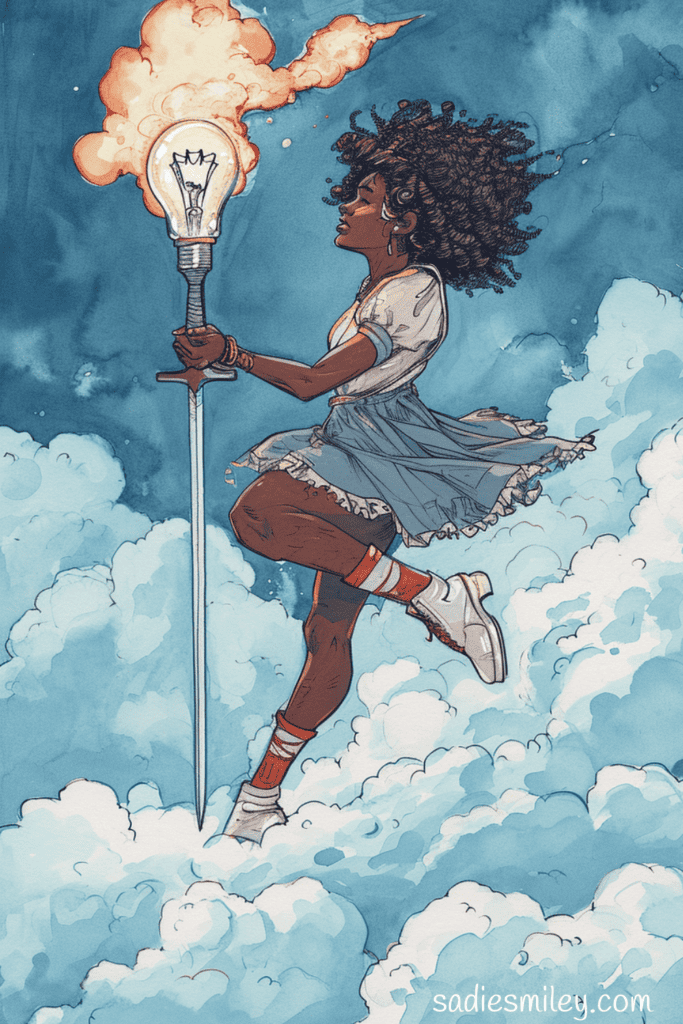 watercolor illustration depiction of Page of Swords: girl in the clouds with a sword full of ideas that are on fire