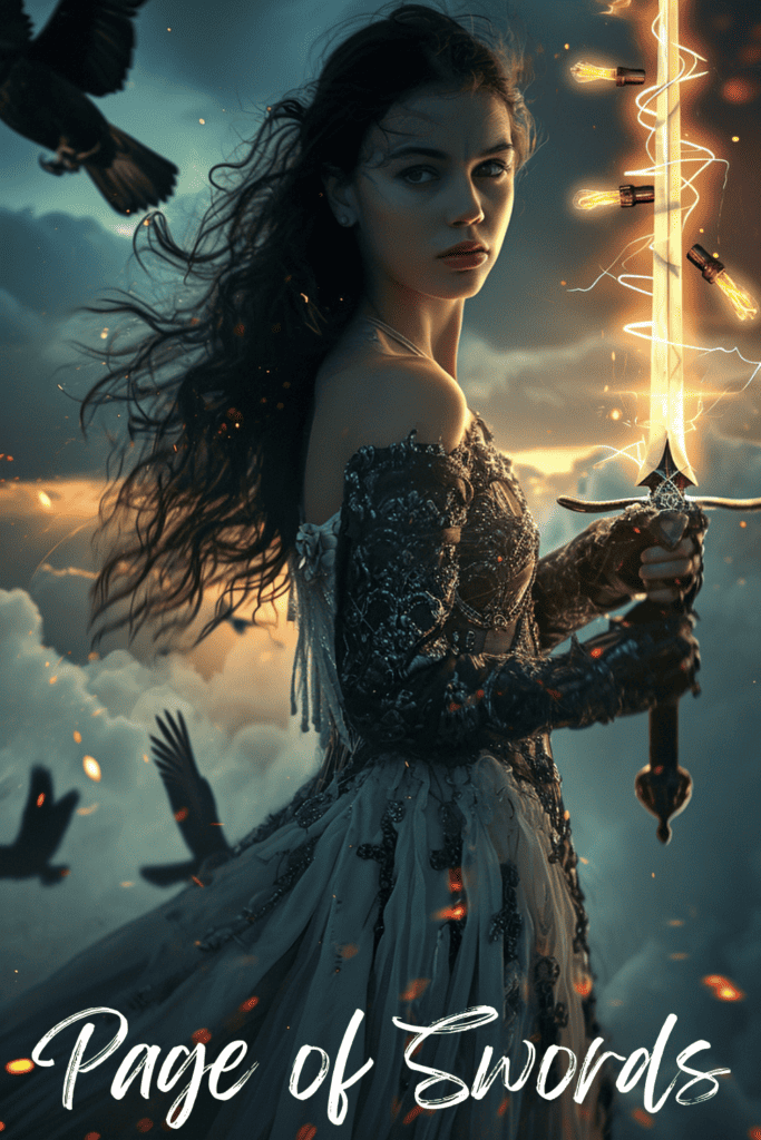 Page of Swords illustration by Sadie Smiley: a young woman is holding a sword that is wrapped with light bulbs (ideas), clouds and birds in the background.