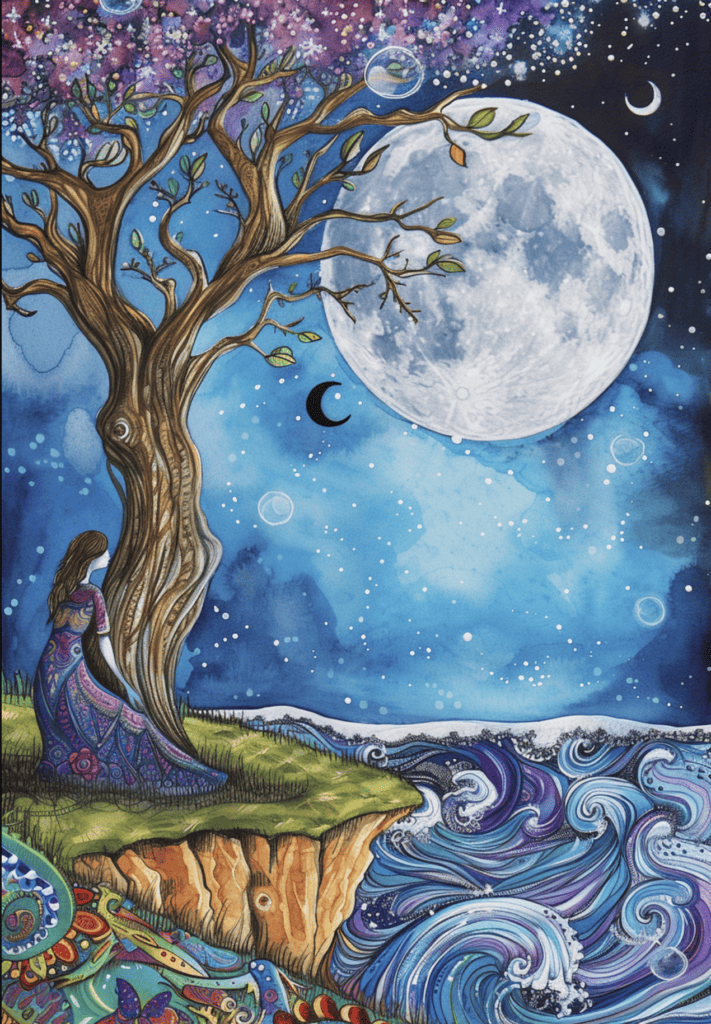 manifesting with the full moon, mystical magical painting watercolor ink doodle